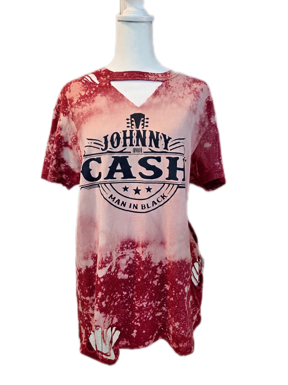 OOAK Distressed Bleached Johnny Cash 'Man In Black' Graphic Tee - Red Tie-Dye
